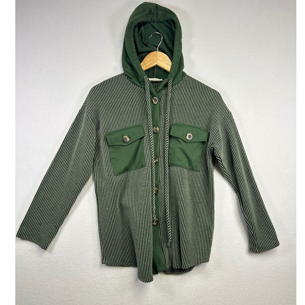 REBORN J Green Striped Hooded Shacket Button Up Shirt‎ Jacket Women's Medium